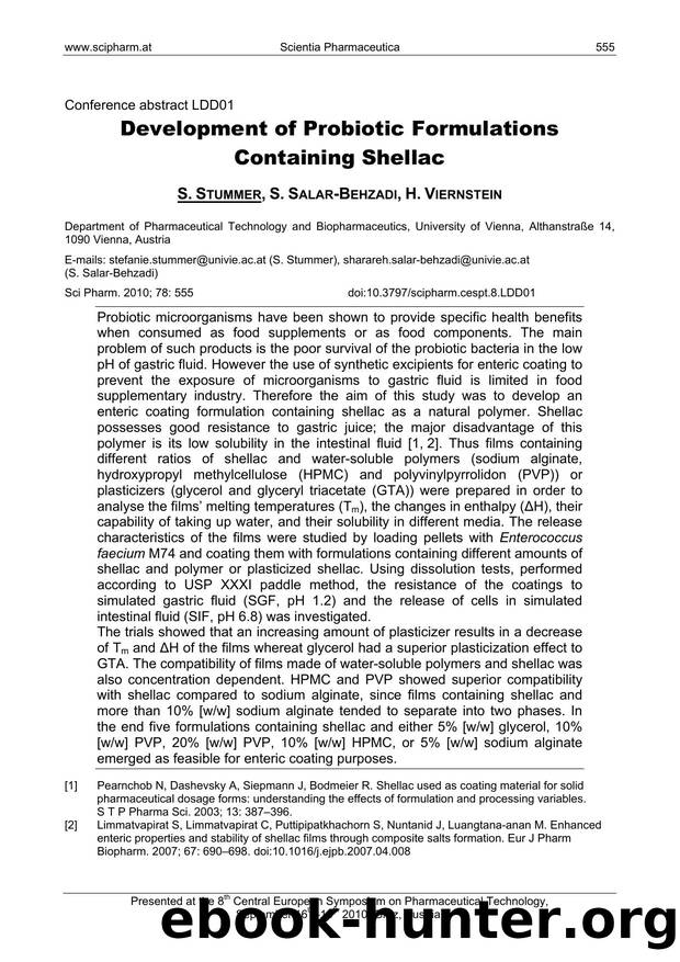 Development of Probiotic Formulations Containing Shellac by S. STUMMER & S. SALAR-BEHZADI & H. VIERNSTEIN