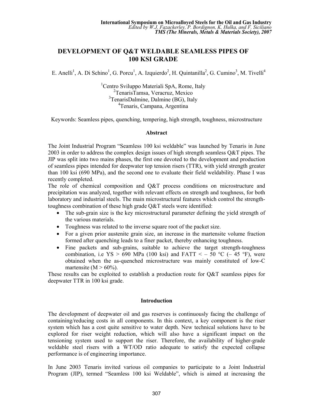 Development of Q&T Weldable Seamless Pipes of 100 KSI Grade by E. Anelli A. Di Schino G. Porcu A. Izquierdo H. Quintanilla G. Cumino and M. Tivelli
