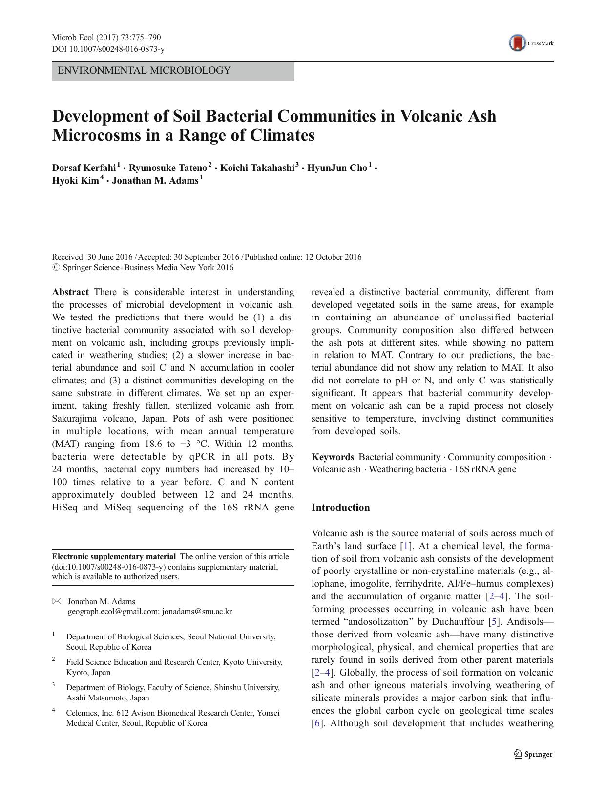 Development of Soil Bacterial Communities in Volcanic Ash Microcosms in a Range of Climates by Dorsaf Kerfahi & Ryunosuke Tateno & Koichi Takahashi & HyunJun Cho & Hyoki Kim & Jonathan M. Adams