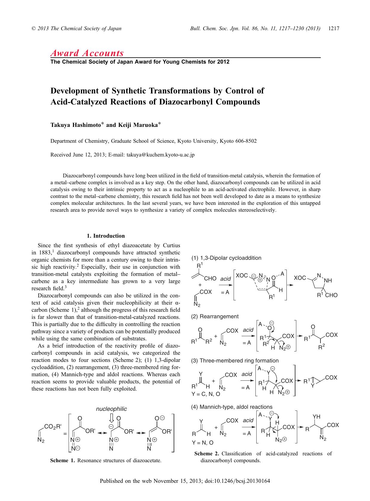 Development of Synthetic Transformations by Control of Acid-Catalyzed Reactions of Diazocarbonyl Compounds by Takuya Hashimoto Keiji Maruoka