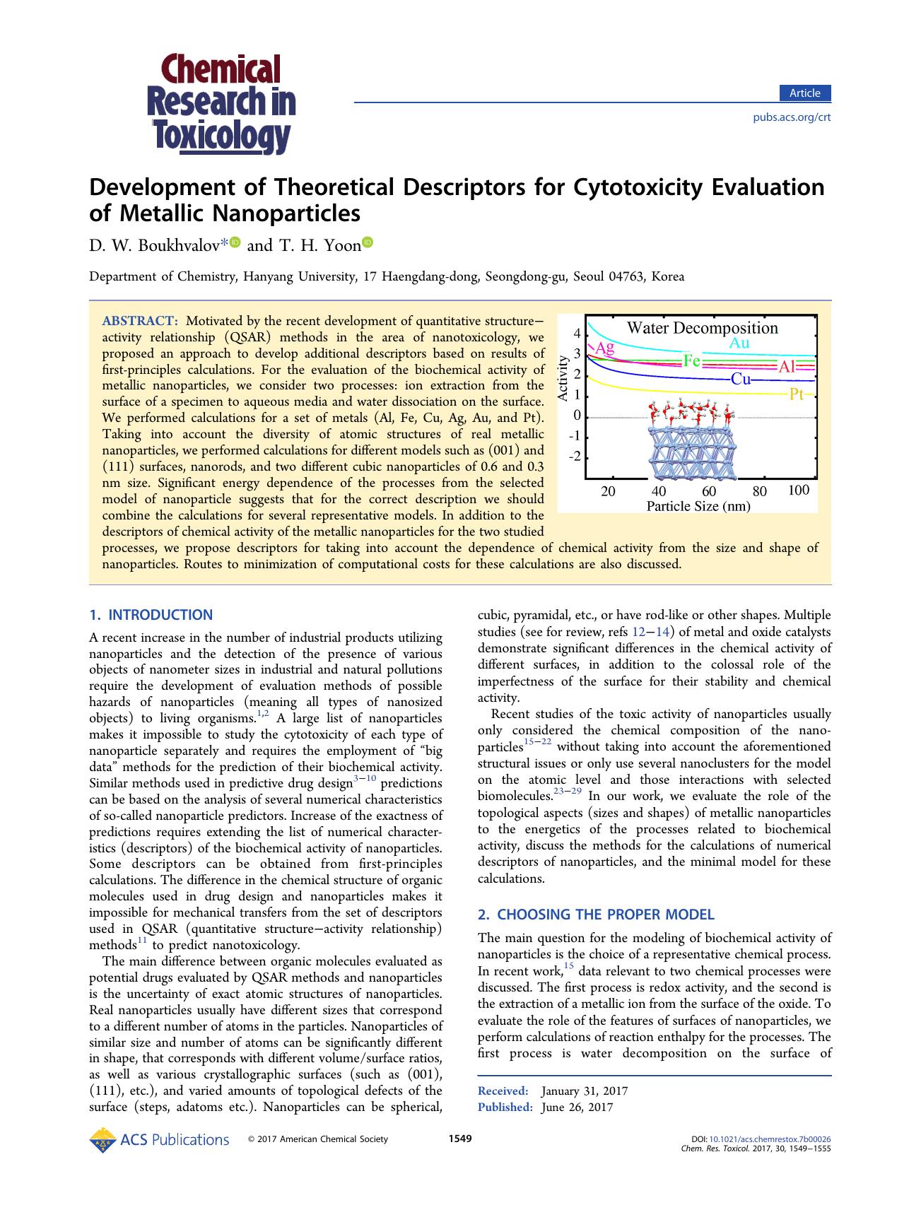 Development of Theoretical Descriptors for Cytotoxicity Evaluation of Metallic Nanoparticles by D. W. Boukhvalov and T. H. Yoon