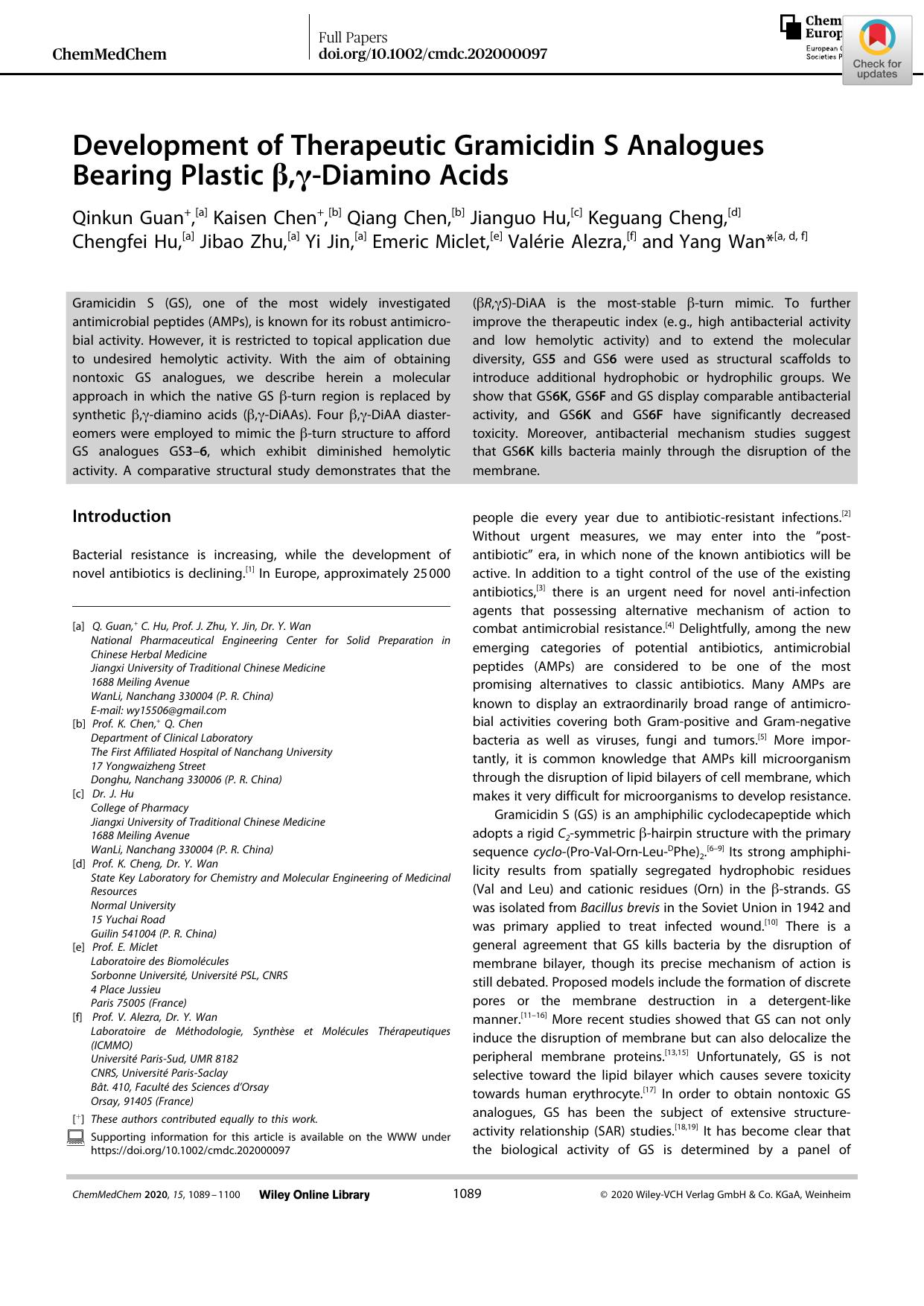 Development of Therapeutic Gramicidin S Analogues Bearing Plastic Î²,Î³âDiamino Acids by Unknown
