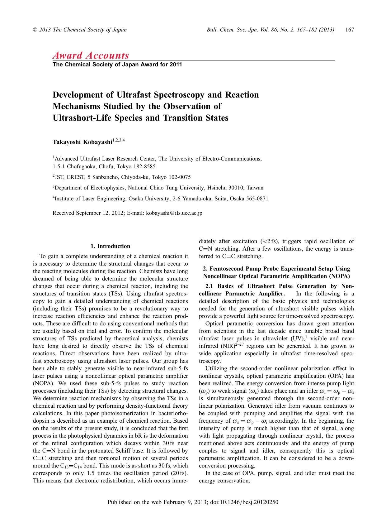 Development of Ultrafast Spectroscopy and Reaction Mechanisms Studied by the Observation of Ultrashort-Life Species and Transition States by Takayoshi Kobayashi