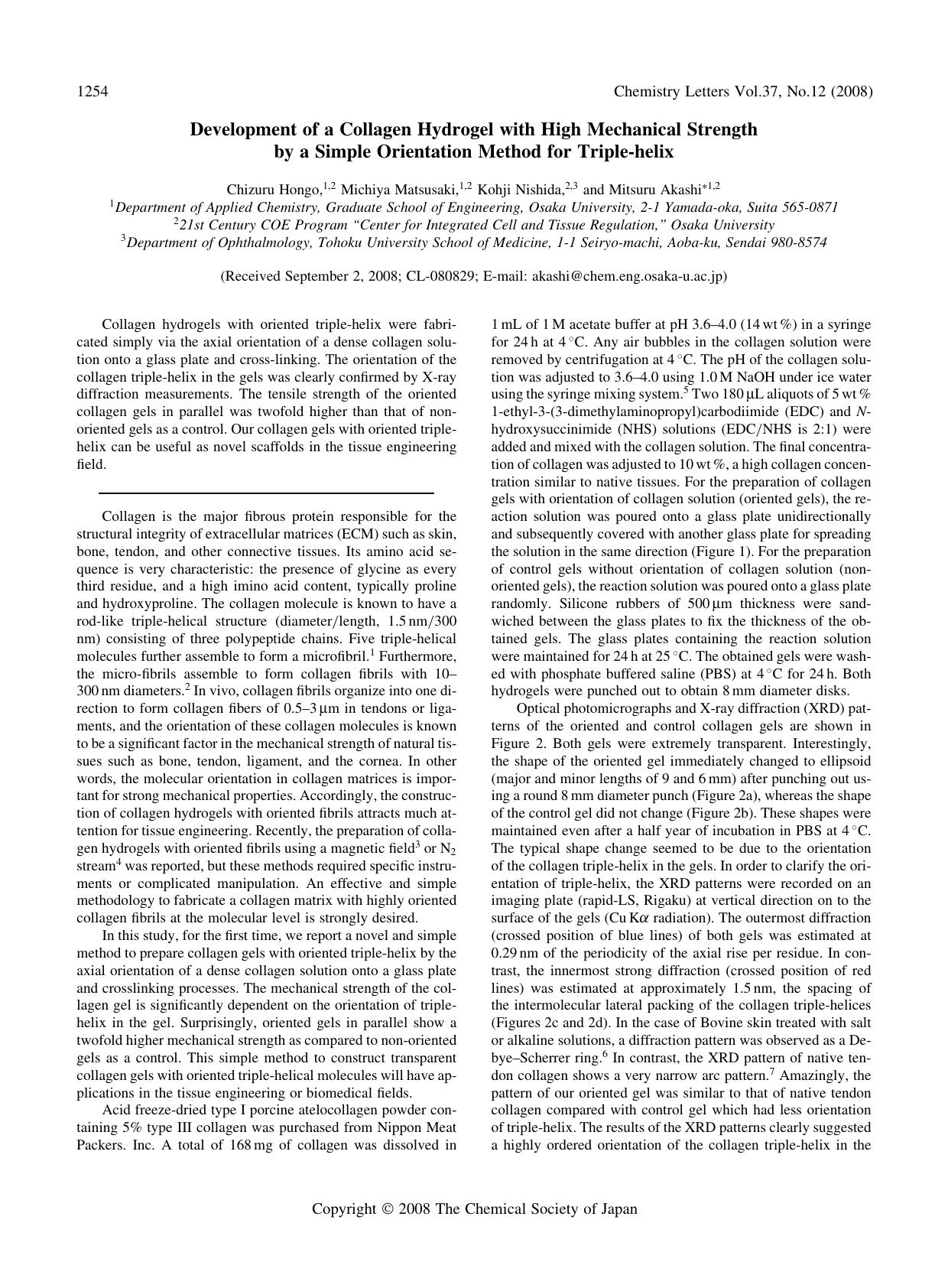 Development of a Collagen Hydrogel with High Mechanical Strength by a Simple Orientation Method for Triple-helix by Chizuru Hongo Michiya Matsusaki Kohji Nishida and Mitsuru Akashi