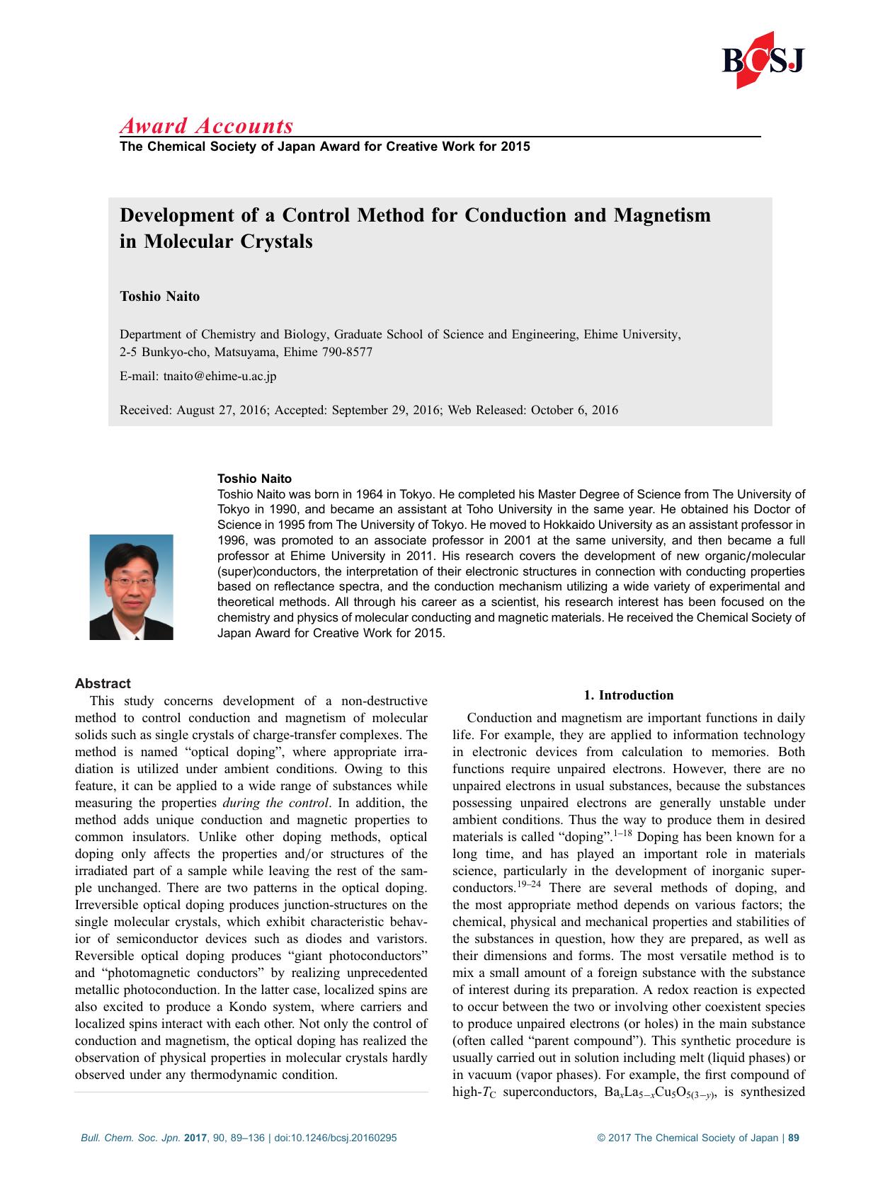 Development of a Control Method for Conduction and Magnetism in Molecular Crystals by Unknown