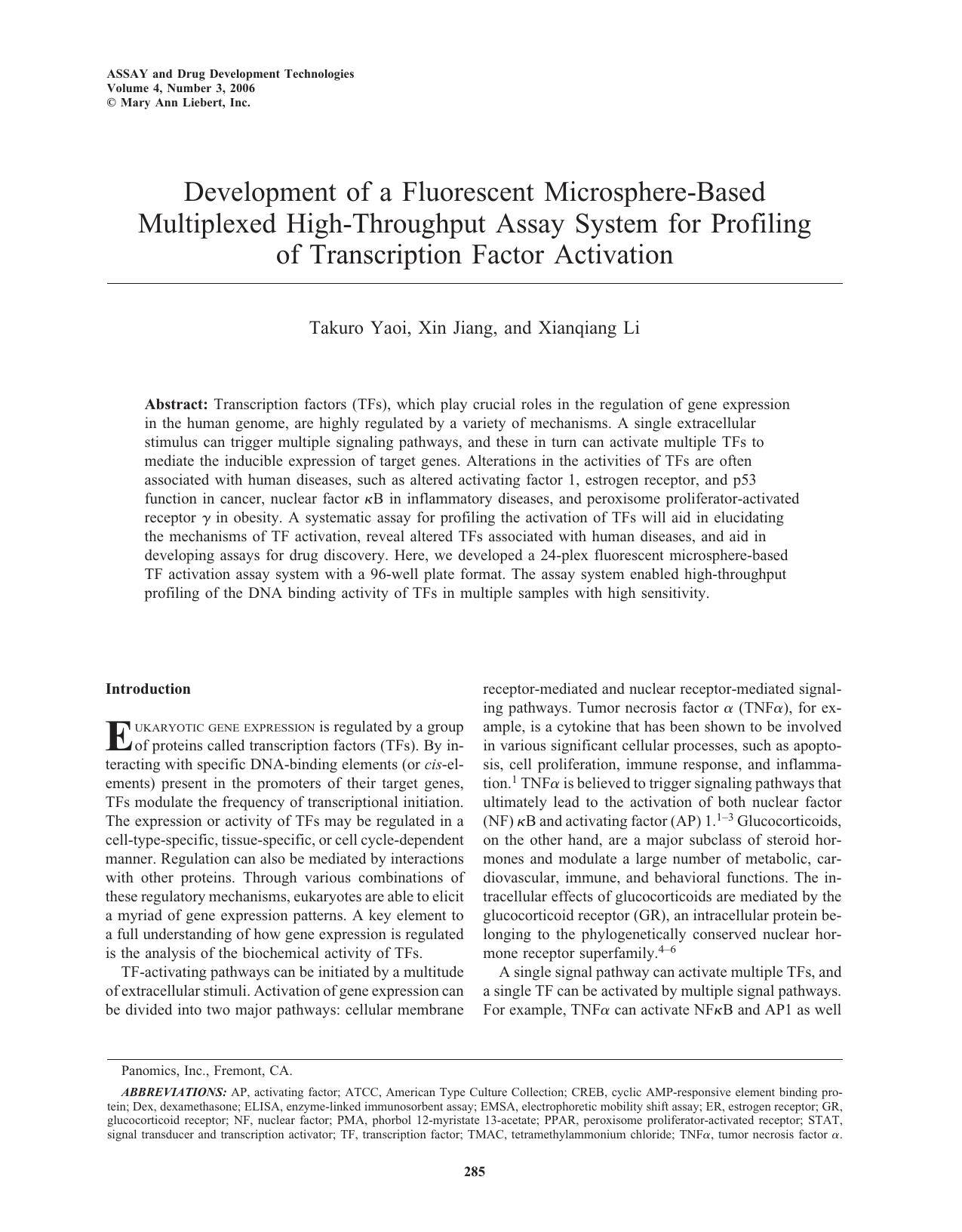 Development of a Fluorescent Microsphere-Based Multiplexed High-Throughput Assay System for Profiling of Transcription Factor Activation by Takuro Yaoi Ph.D. Xin Jiang Xianqiang Li