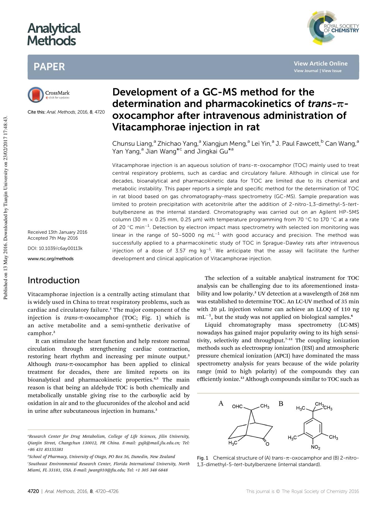 Development of a GC-MS method for the determination and pharmacokinetics of trans-Ï-oxocamphor after intravenous administration of Vitacamphorae injection in rat by unknow