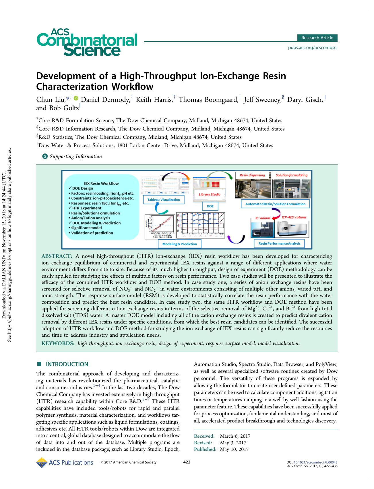 Development of a High-Throughput Ion-Exchange Resin Characterization Workflow by Chun Liu Daniel Dermody Keith Harris Thomas Boomgaard Jeff Sweeney Daryl Gisch & Bob Goltz