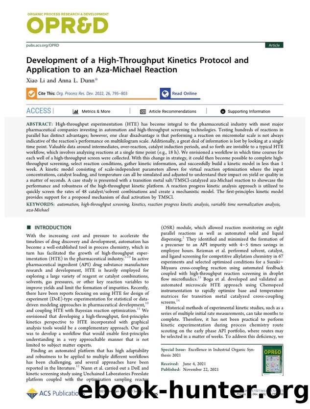 Development of a High-Throughput Kinetics Protocol and Application to an Aza-Michael Reaction by Xiao Li and Anna L. Dunn