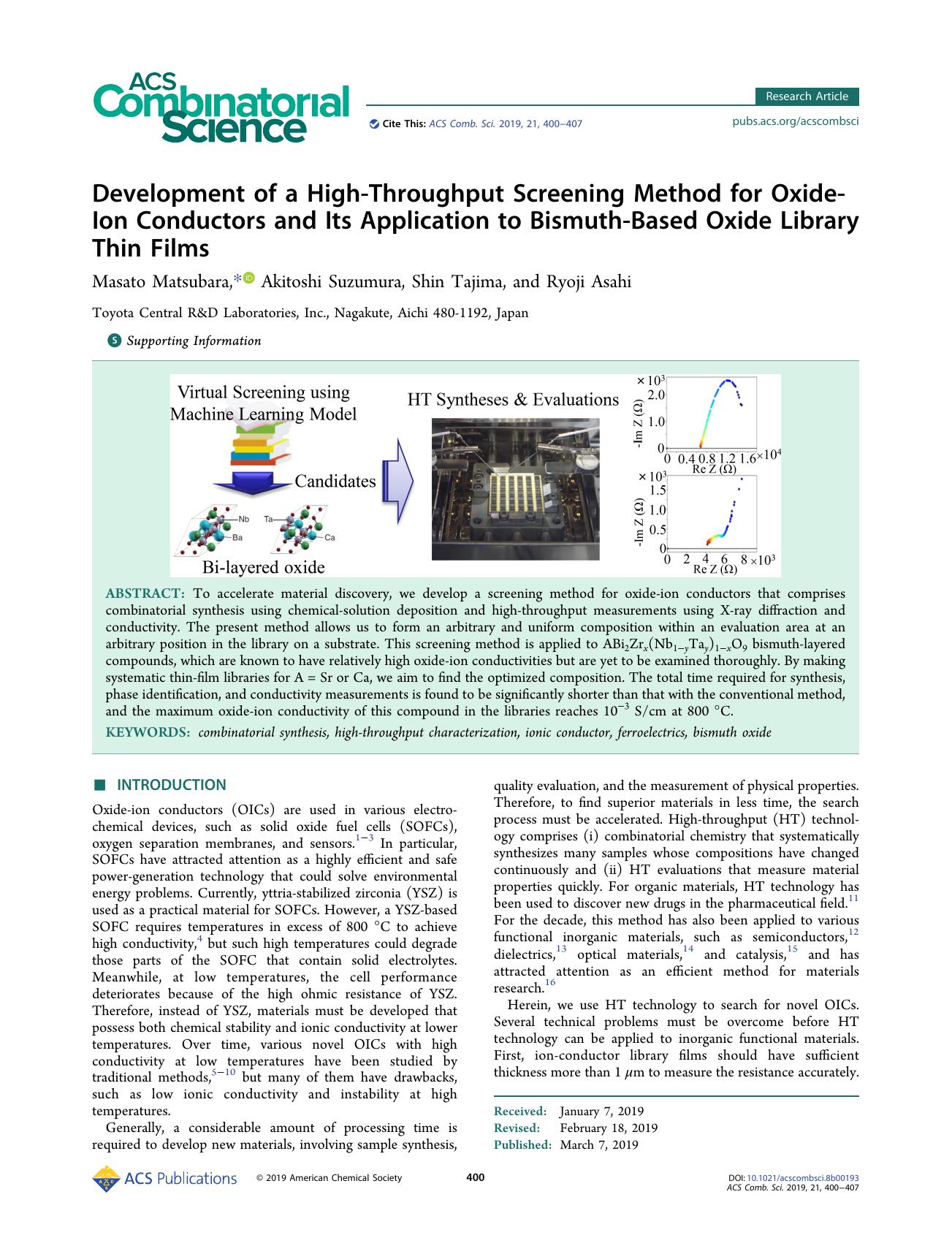Development of a High-Throughput Screening Method for Oxide-Ion Conductors and Its Application to Bismuth-Based Oxide Library Thin Films by Masato Matsubara Akitoshi Suzumura Shin Tajima and Ryoji Asahi