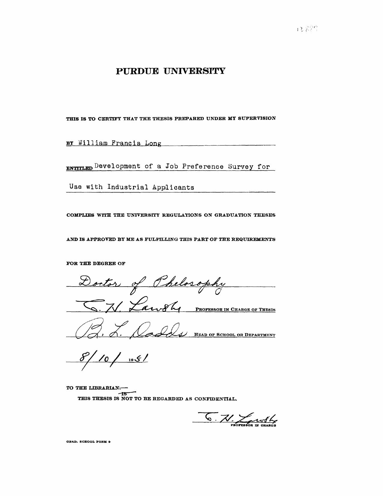 Development of a Job Preference Survey for Use with Industrial Applicants by Long William Francis