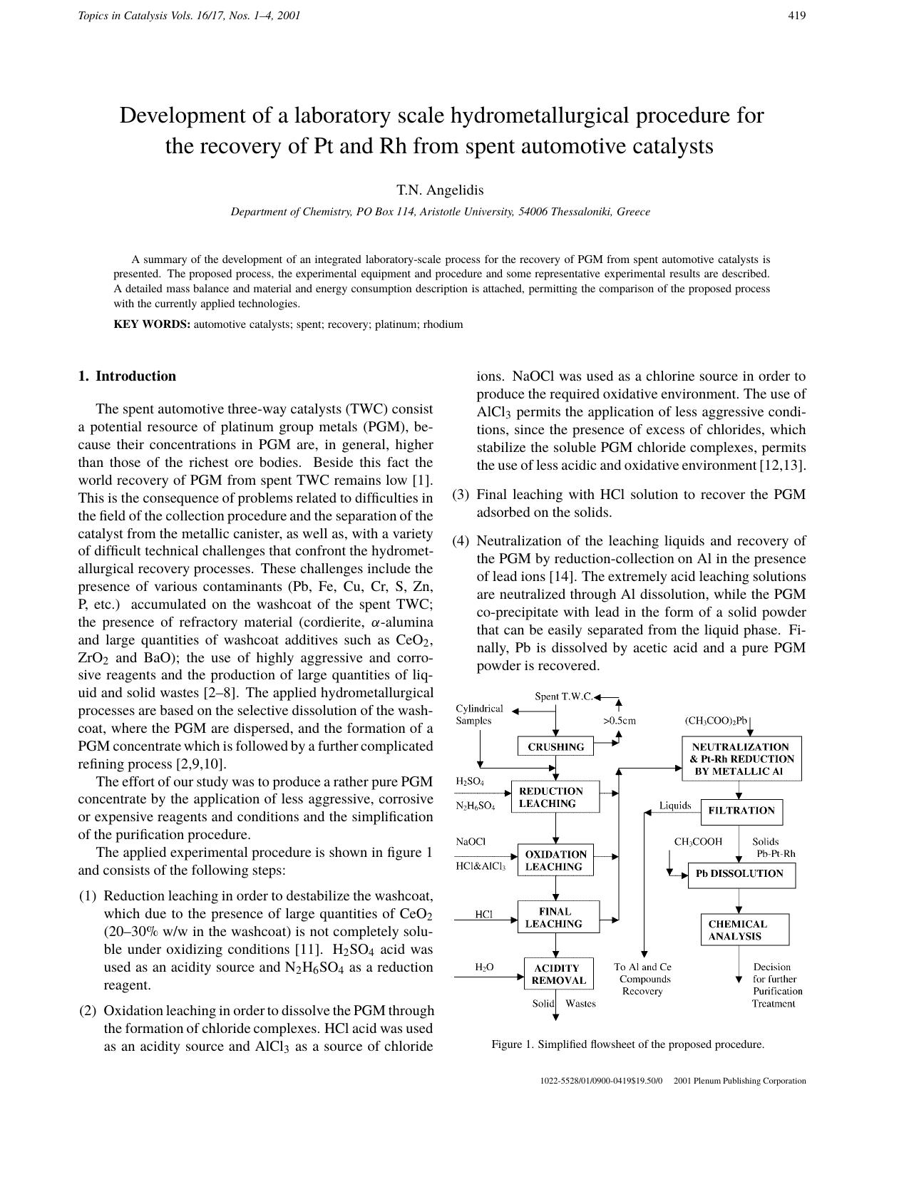 Development of a Laboratory Scale Hydrometallurgical Procedure for the Recovery of Pt and Rh from Spent Automotive Catalysts by Unknown
