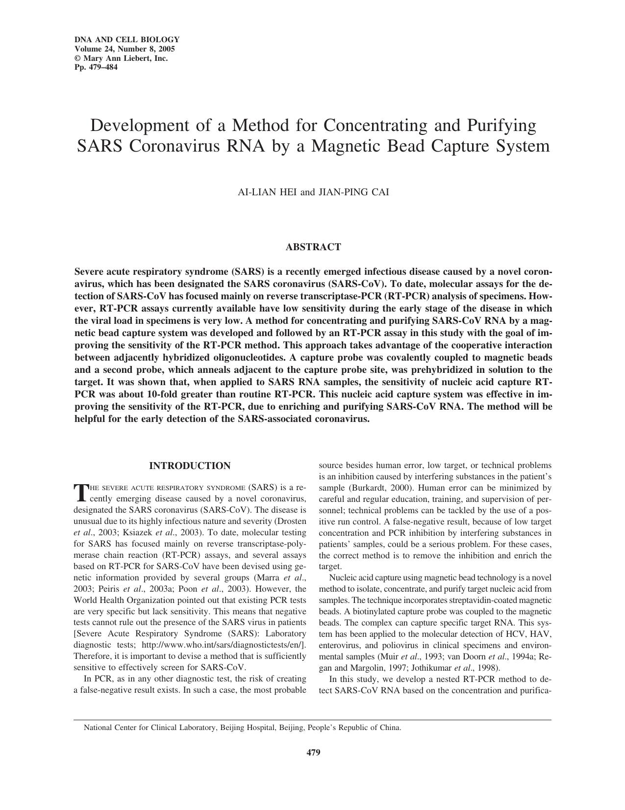 Development of a Method for Concentrating and Purifying SARS Coronavirus RNA by a Magnetic Bead Capture System by Ai-Lian Hei & Jian-Ping Cai
