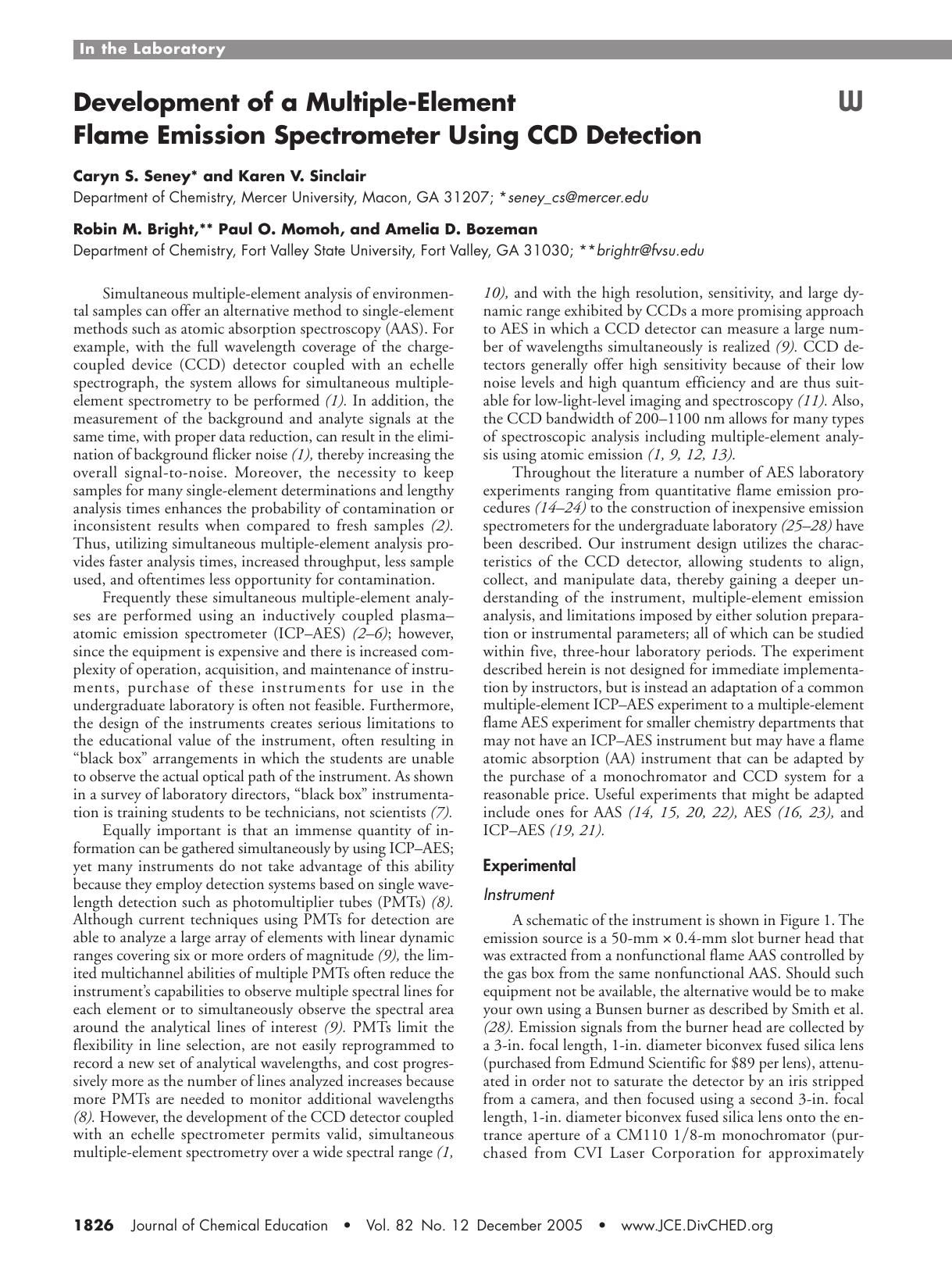 Development of a Multiple-Element Flame Emission Spectrometer Using CCD Detection by Caryn S. Seney Karen V. Sinclair Robin M. Bright Paul O. Momoh & Amelia D. Bozeman