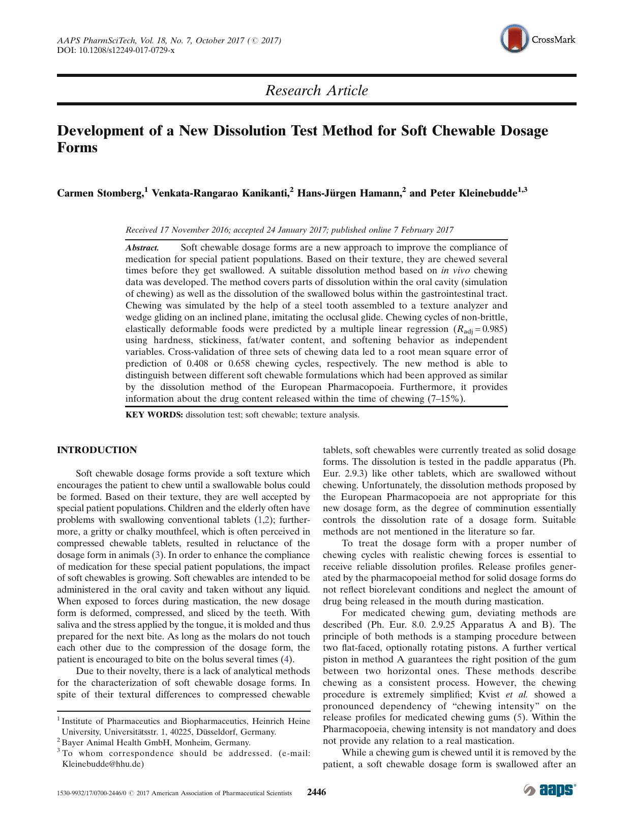 Development of a New Dissolution Test Method for Soft Chewable Dosage Forms by Carmen Stomberg & Venkata-Rangarao Kanikanti & Hans-Jürgen Hamann & Peter Kleinebudde