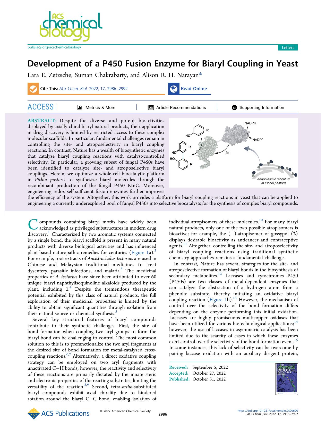 Development of a P450 Fusion Enzyme for Biaryl Coupling in Yeast by Lara E. Zetzsche Suman Chakrabarty and Alison R. H. Narayan