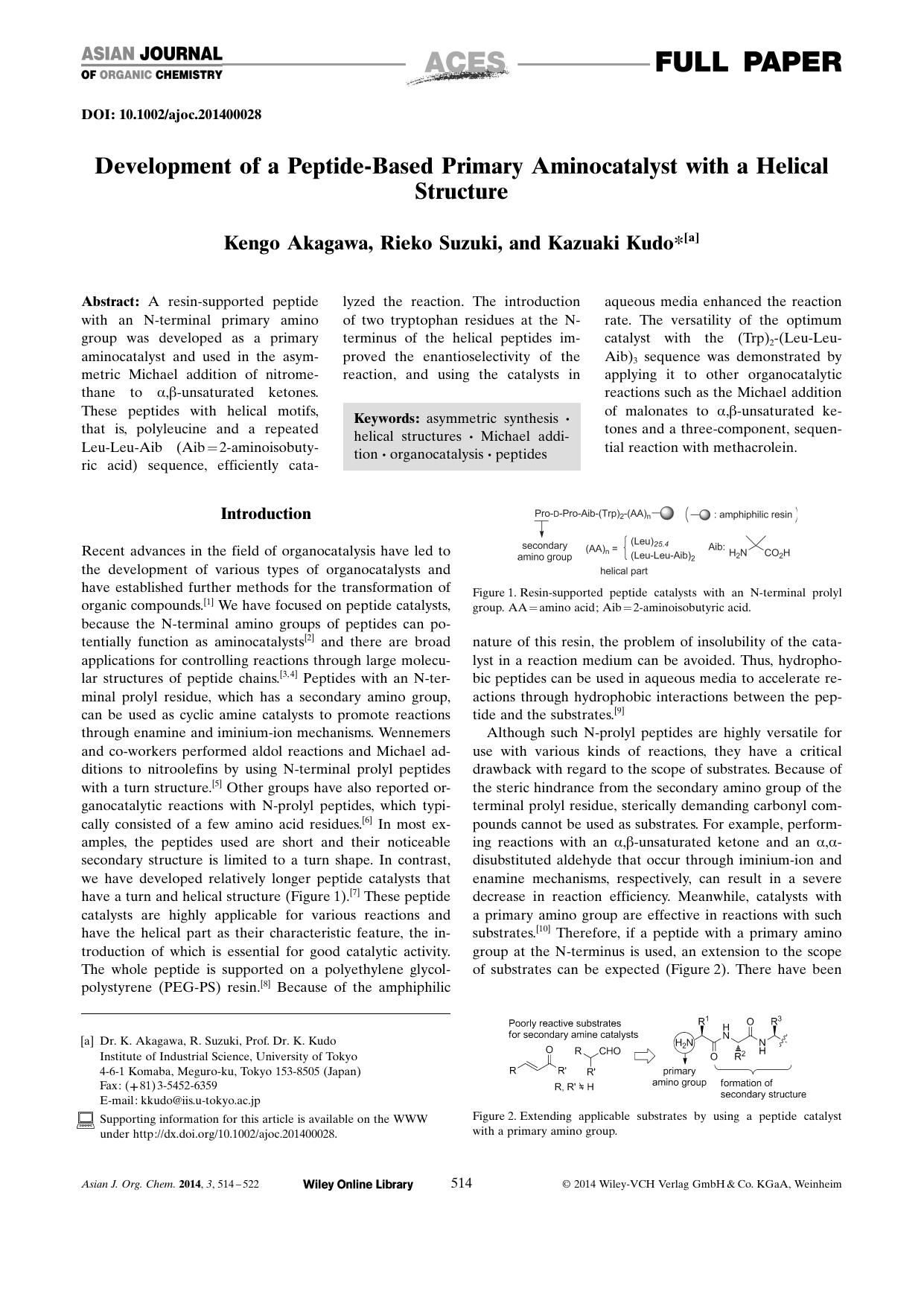 Development of a PeptideBased Primary Aminocatalyst with a Helical Structure by Unknown