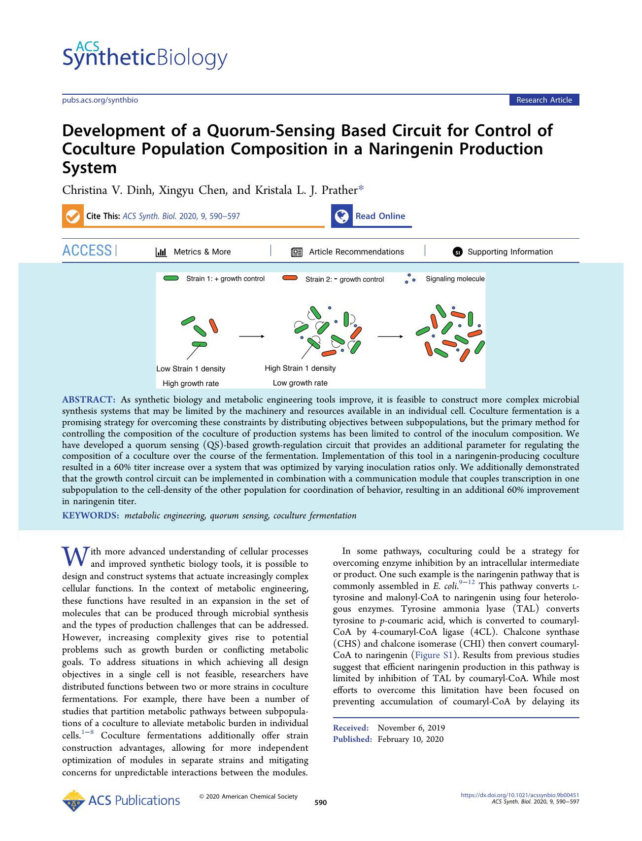 Development of a Quorum-Sensing Based Circuit for Control of Coculture Population Composition in a Naringenin Production System by Christina V. Dinh Xingyu Chen and Kristala L. J. Prather