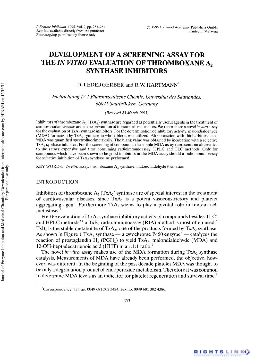 Development of a Screening Assay for the In Vitro Evaluation of Thromboxane A2 Synthase Inhibitors by D. Ledergerber & R. W. Hartmann