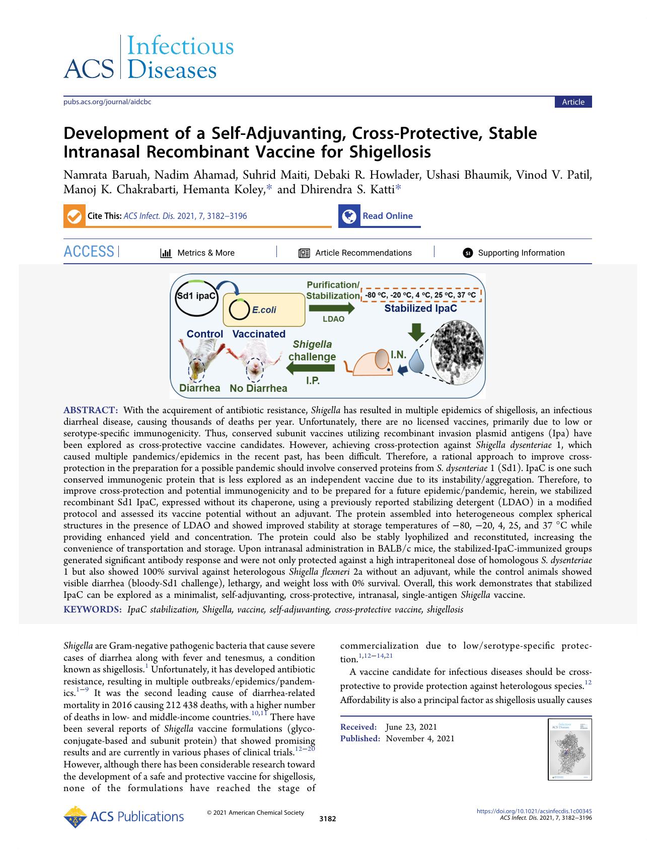 Development of a Self-Adjuvanting, Cross-Protective, Stable Intranasal Recombinant Vaccine for Shigellosis by unknow