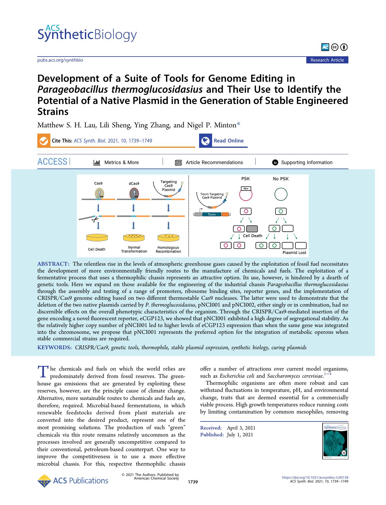 Development of a Suite of Tools for Genome Editing in Parageobacillus thermoglucosidasius and Their Use to Identify the Potential of a Native Plasmid in the Generation of Stable Engineered Strains by Matthew S. H. Lau Lili Sheng Ying Zhang and Nigel P. Minton