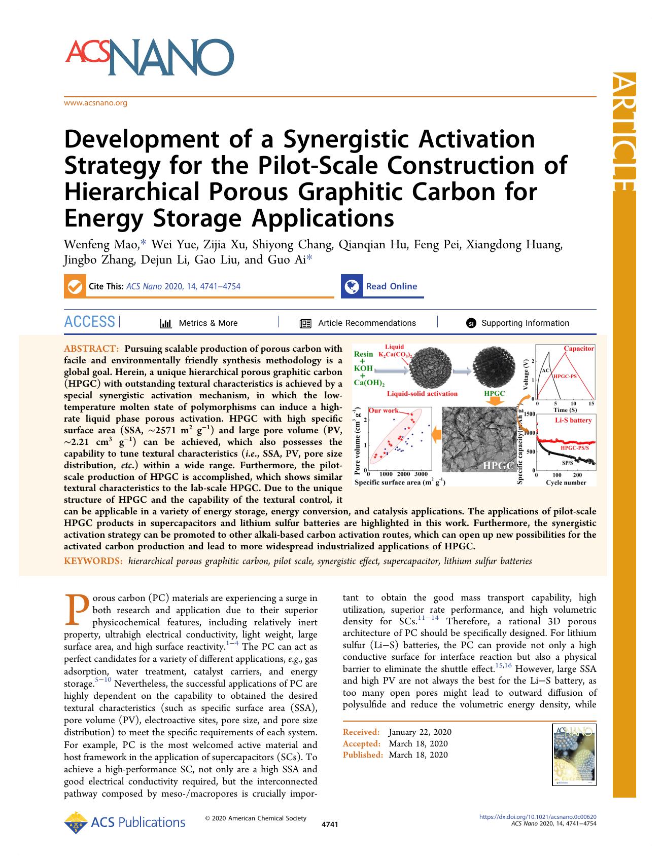 Development of a Synergistic Activation Strategy for the Pilot-Scale Construction of Hierarchical Porous Graphitic Carbon for Energy Storage Applications by unknow