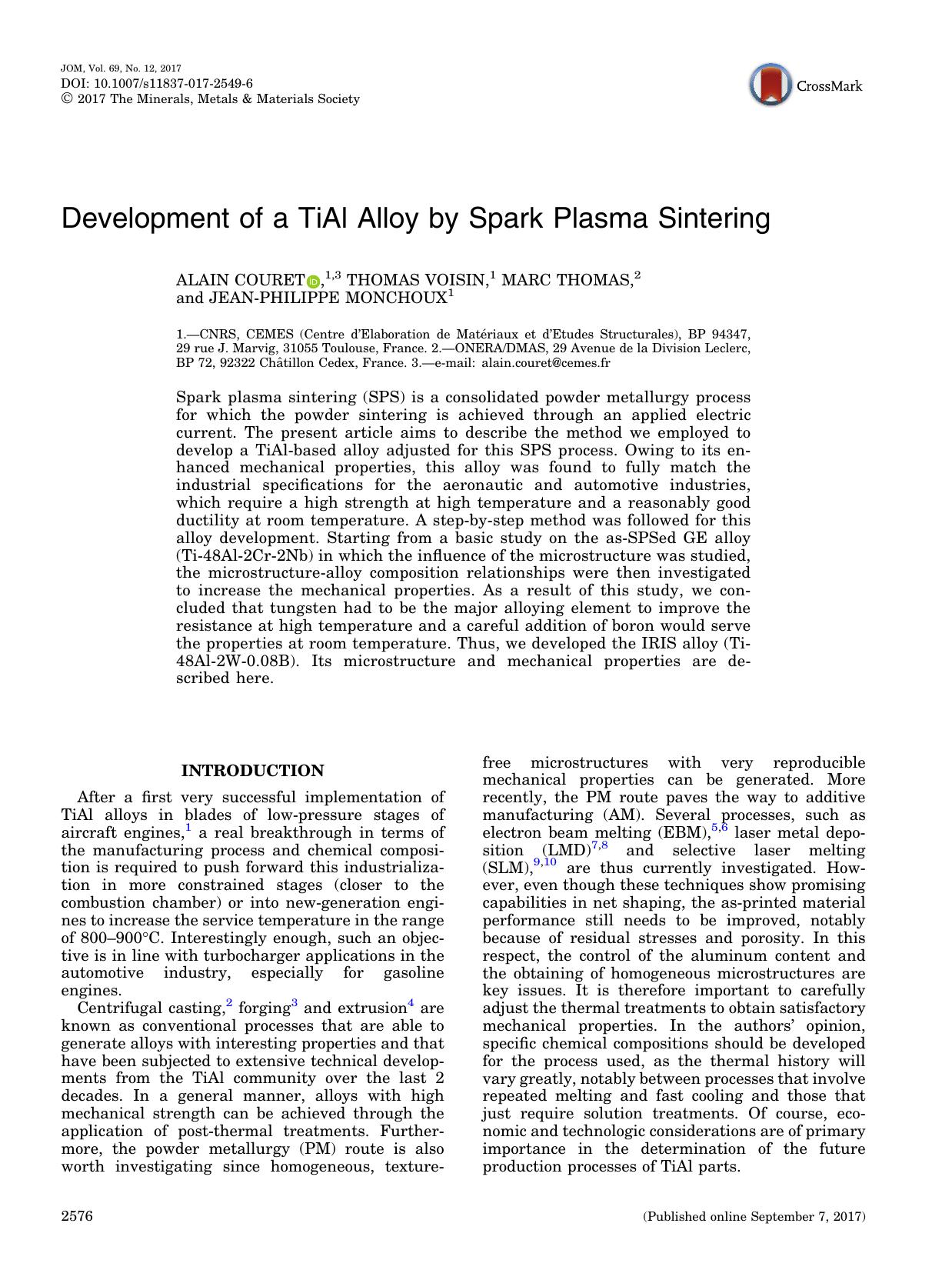 Development of a TiAl Alloy by Spark Plasma Sintering by Alain Couret & Thomas Voisin & Marc Thomas & Jean-Philippe Monchoux
