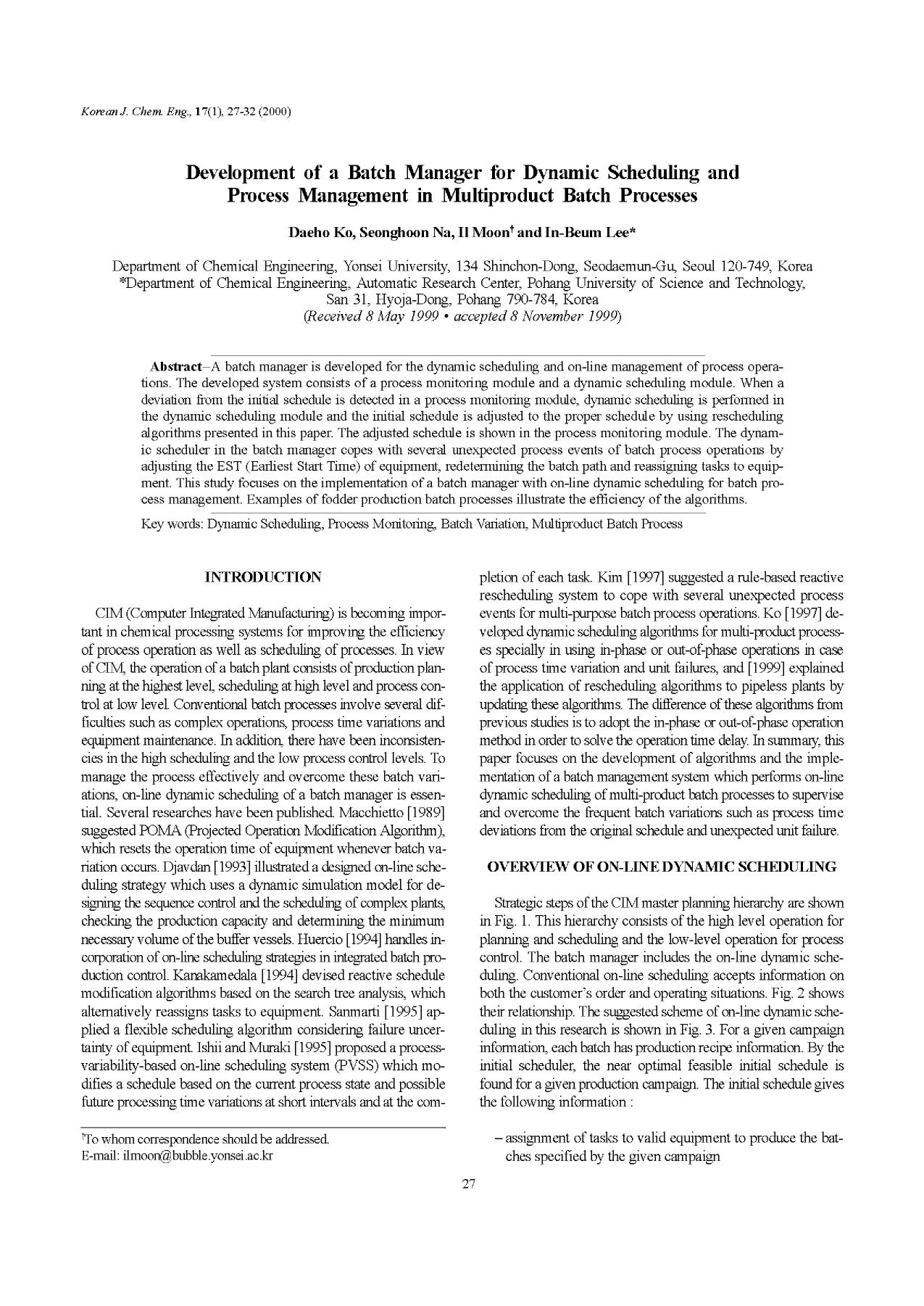 Development of a batch manager for dynamic scheduling and process management in multiproduct batch processes by Unknown