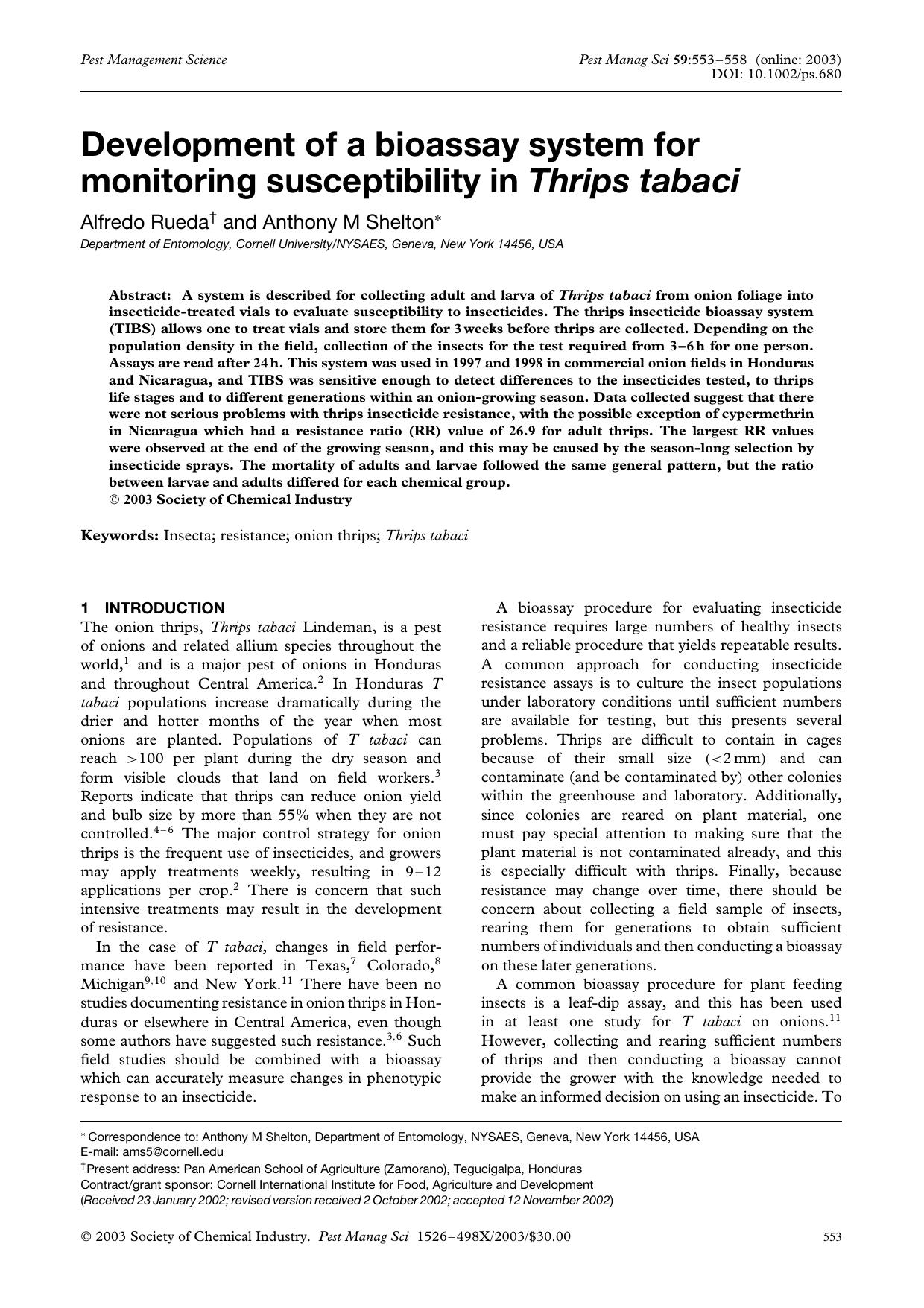 Development of a bioassay system for monitoring susceptibility in Thrips tabaci by Unknown