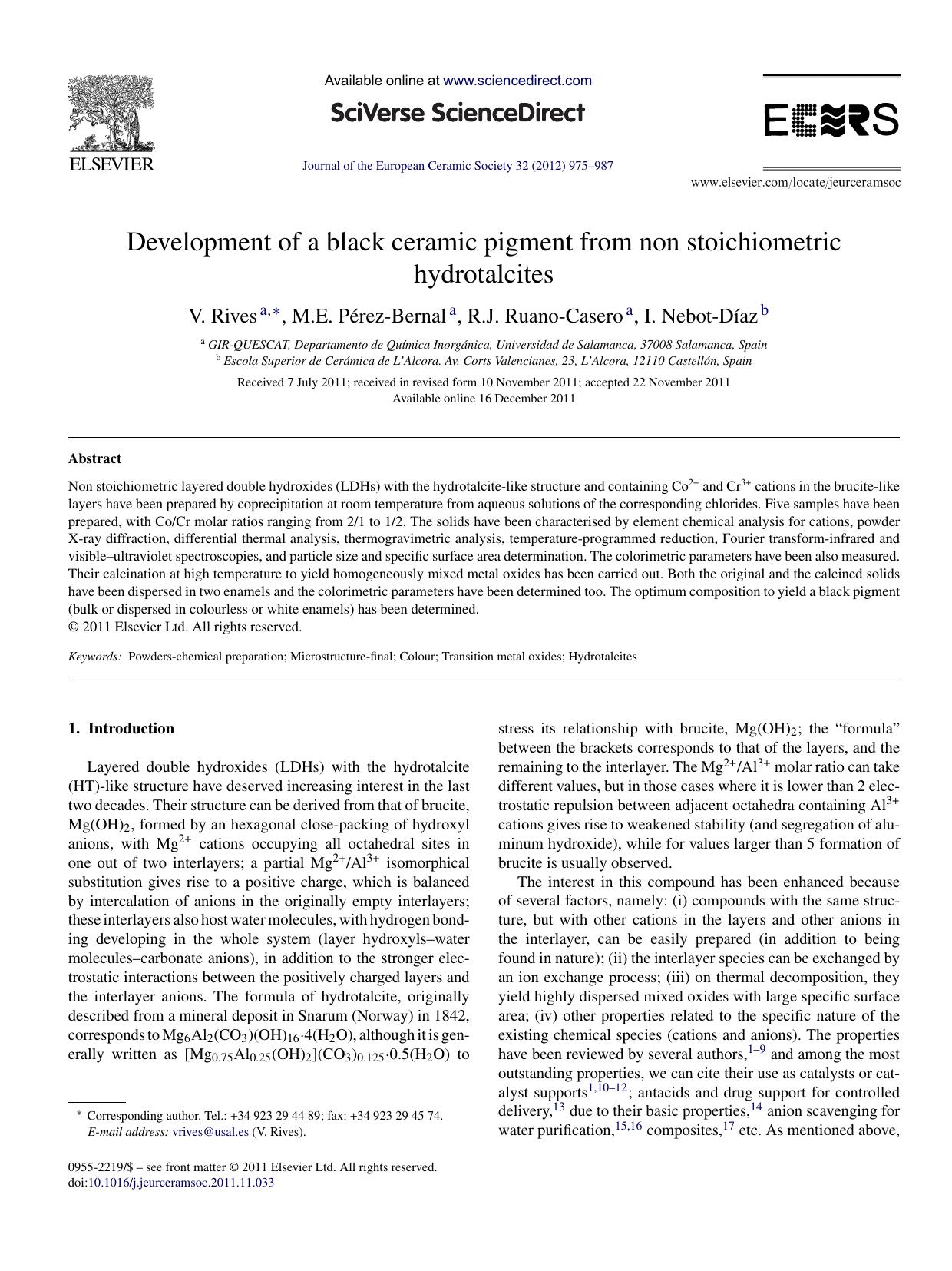 Development of a black ceramic pigment from non stoichiometric hydrotalcites by V. Rives