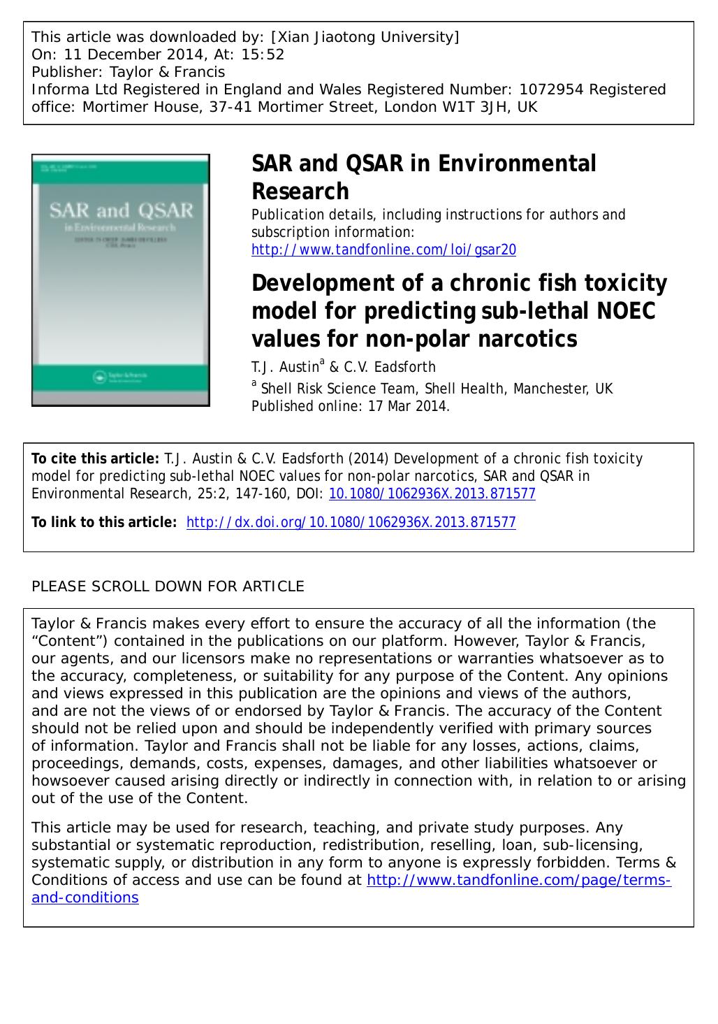 Development of a chronic fish toxicity model for predicting sub-lethal NOEC values for non-polar narcotics by T.J. Austin