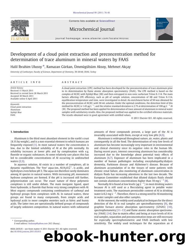 Development of a cloud point extraction and preconcentration method for determination of trace aluminum in mineral waters by FAAS by Halil İbrahim Ulusoy & Ramazan Gürkan & Ümmügülsüm Aksoy & Mehmet Akçay