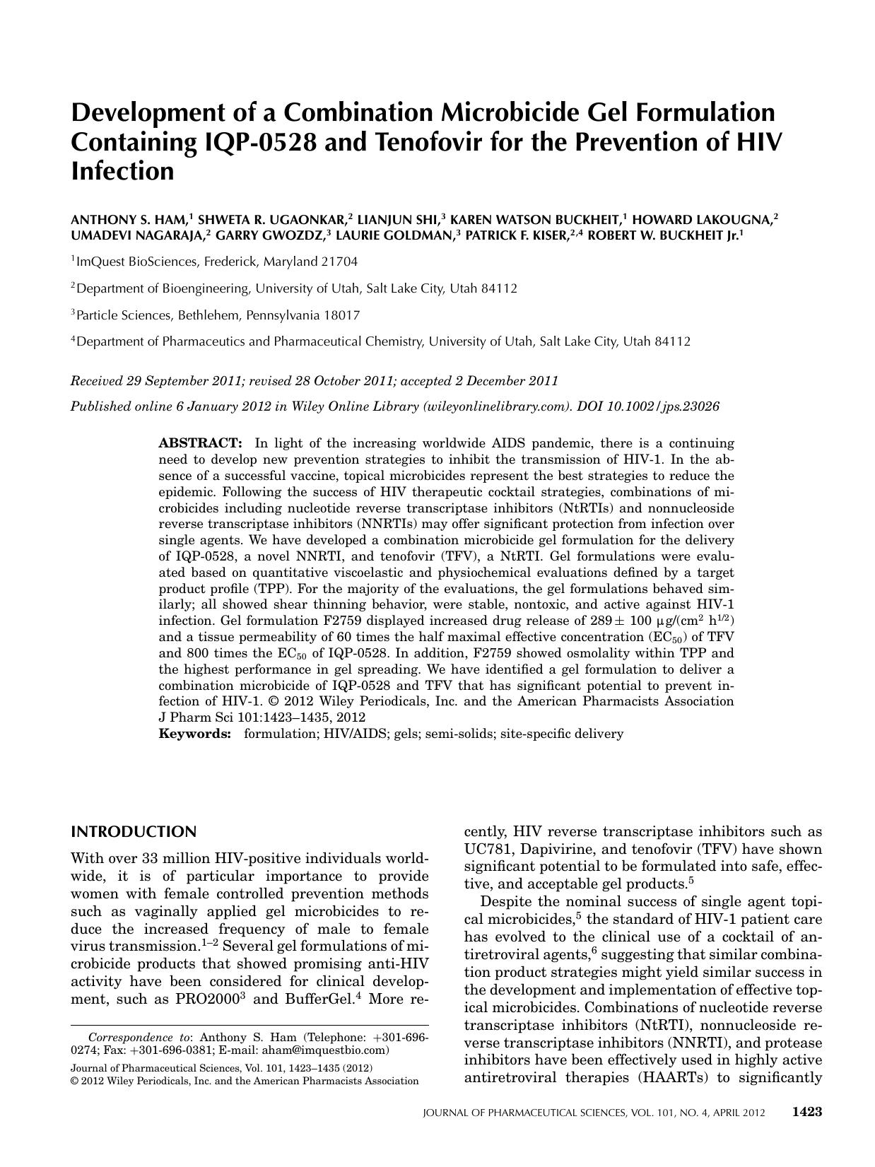 Development of a combination microbicide gel formulation containing IQP0528 and tenofovir for the prevention of HIV infection by Unknown