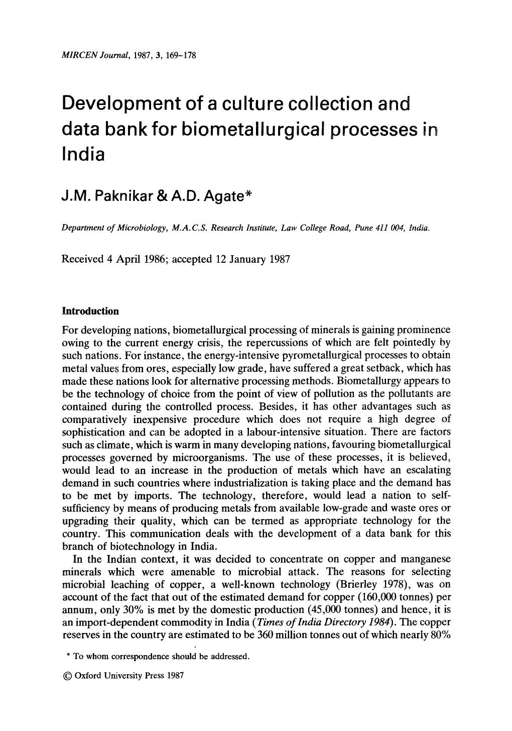 Development of a culture collection and data bank for biometallurgical processes in india by Unknown
