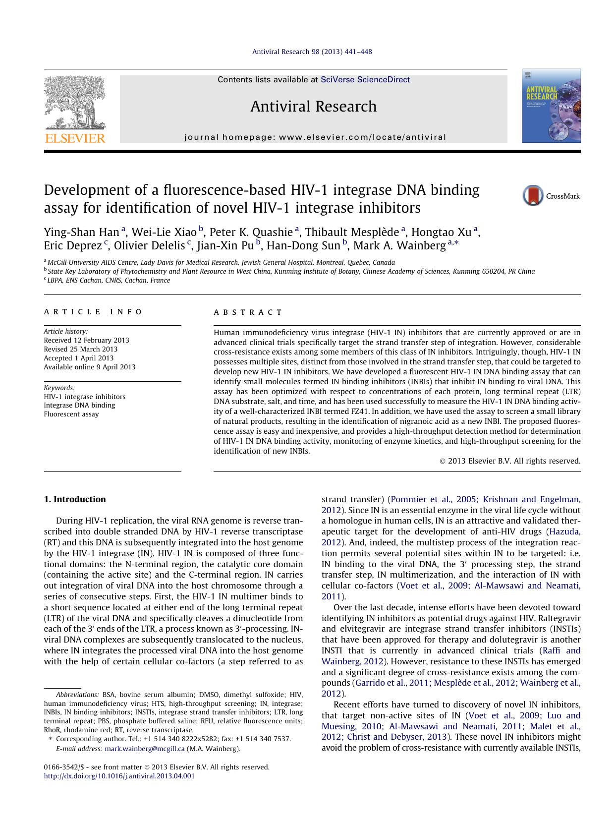 Development of a fluorescence-based HIV-1 integrase DNA binding assay for identification of novel HIV-1 integrase inhibitors by unknow