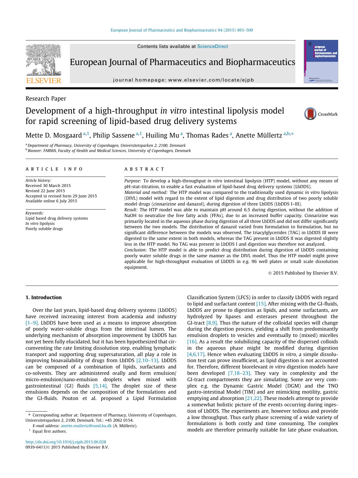Development of a high-throughput in vitro intestinal lipolysis model for rapid screening of lipid-based drug delivery systems by Mette D. Mosgaard & Philip Sassene & Huiling Mu & Thomas Rades & Anette Müllertz