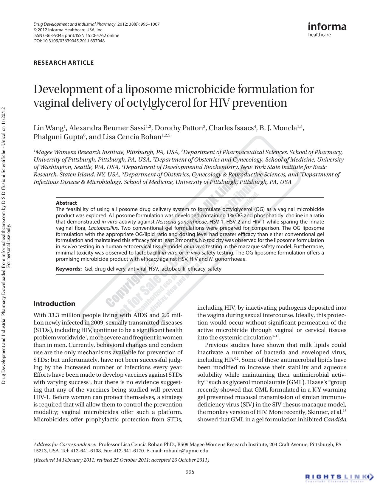 Development of a liposome microbicide formulation for vaginal delivery of octylglycerol for HIV prevention by unknow