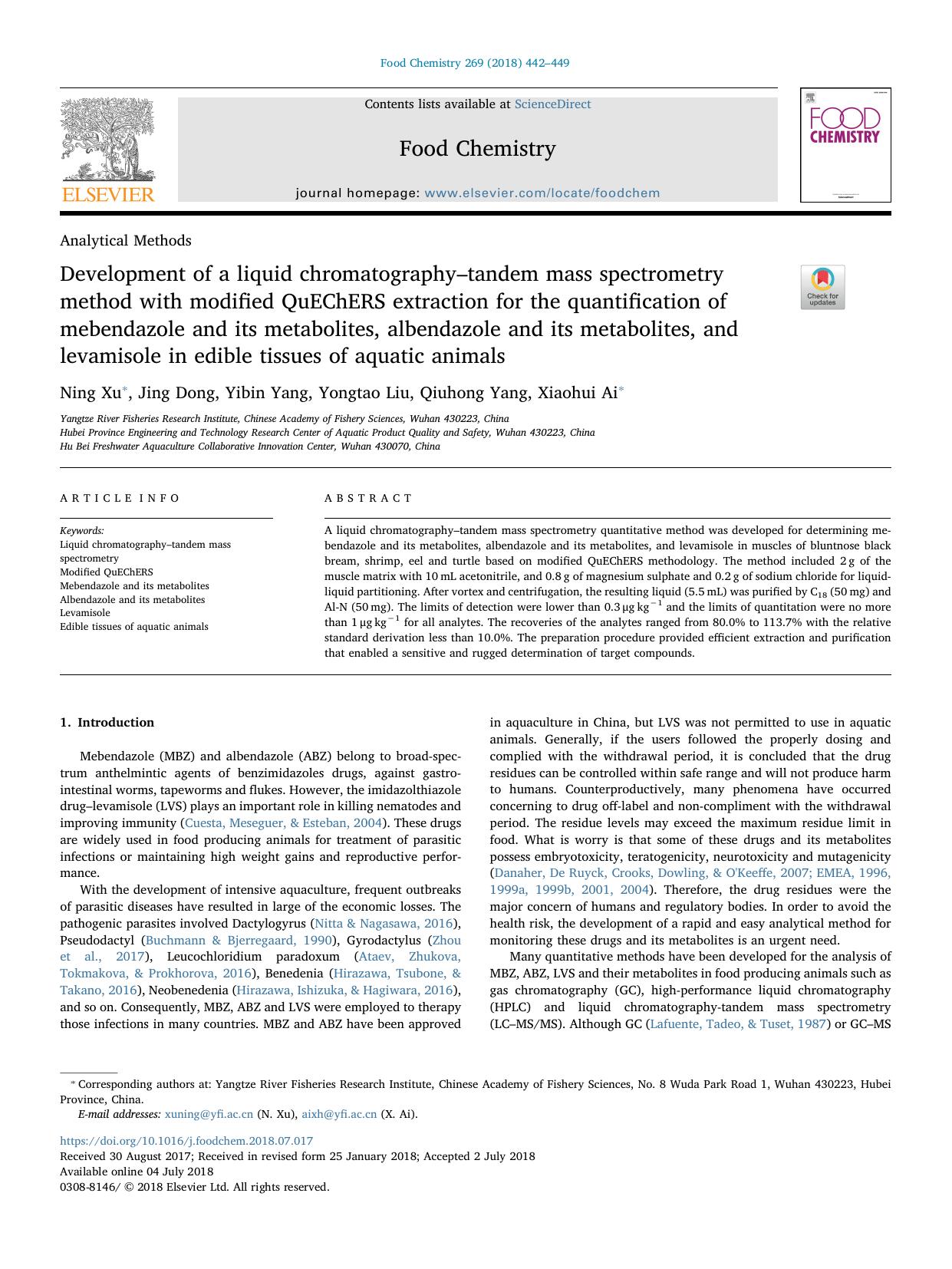 Development of a liquid chromatographyâtandem mass spectrometry method with modified QuEChERS extraction for the quantification of mebendazole and its metabolites, albendazole an by Ning Xu & Jing Dong & Yibin Yang & Yongtao Liu & Qiuhong Yang & Xiaohui Ai