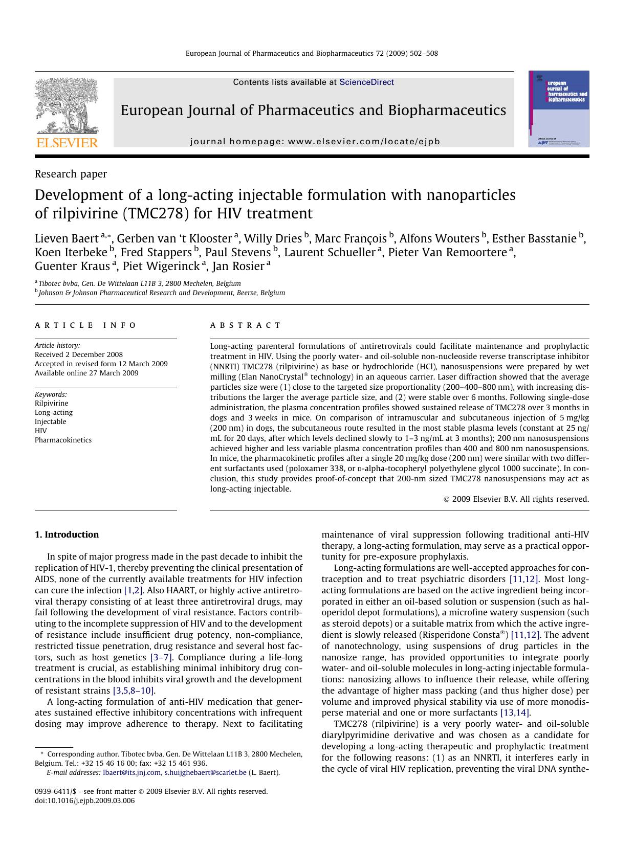 Development of a long-acting injectable formulation with nanoparticles of rilpivirine (TMC278) for HIV treatment by unknow
