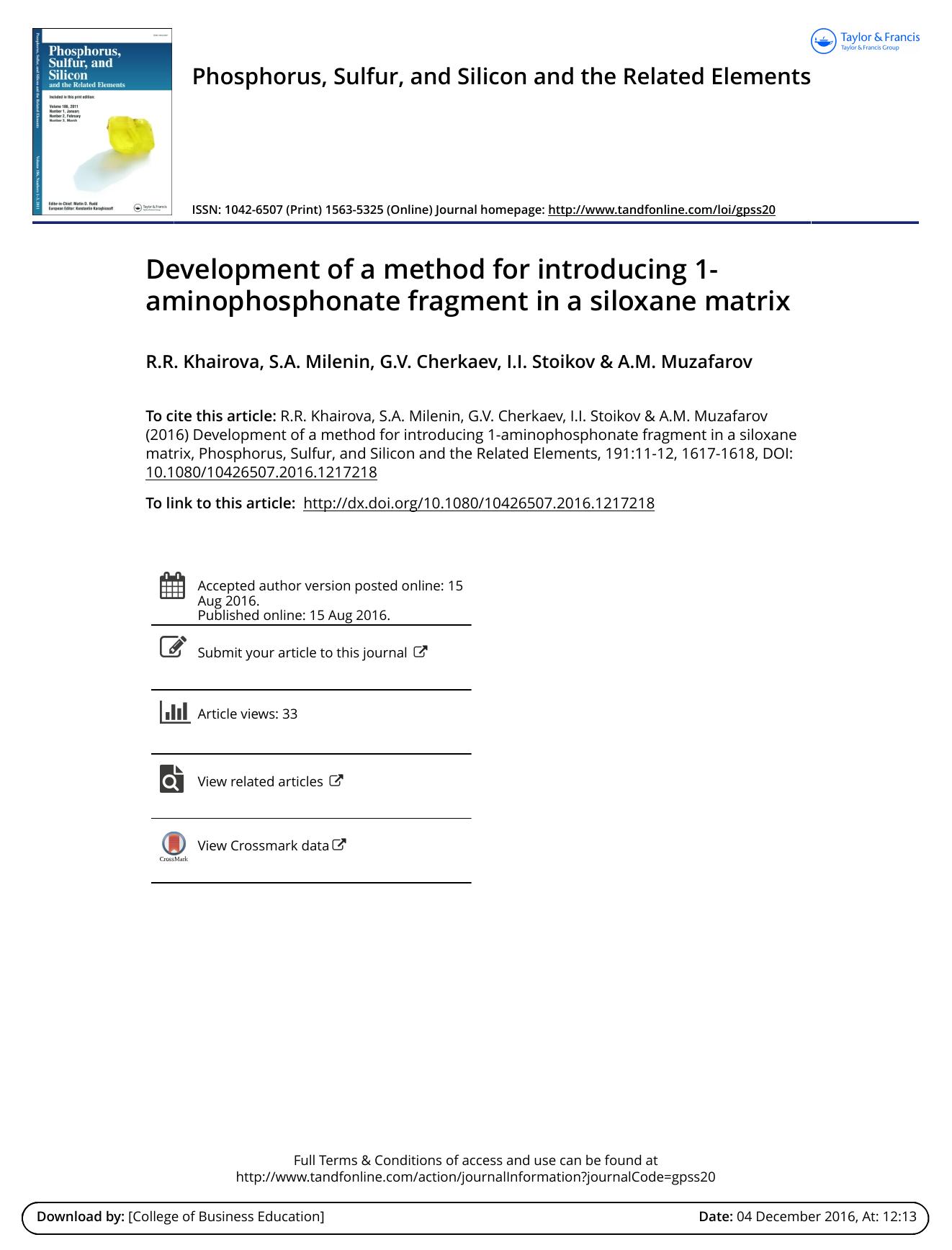 Development of a method for introducing 1-aminophosphonate fragment in a siloxane matrix by R.R. Khairova & S.A. Milenin & G.V. Cherkaev & I.I. Stoikov & A.M. Muzafarov