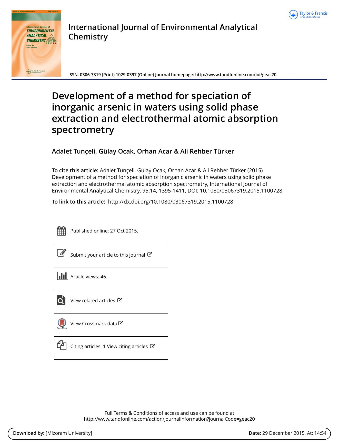 Development of a method for speciation of inorganic arsenic in waters using solid phase extraction and electrothermal atomic absorption spectrometry by Adalet Tunçeli