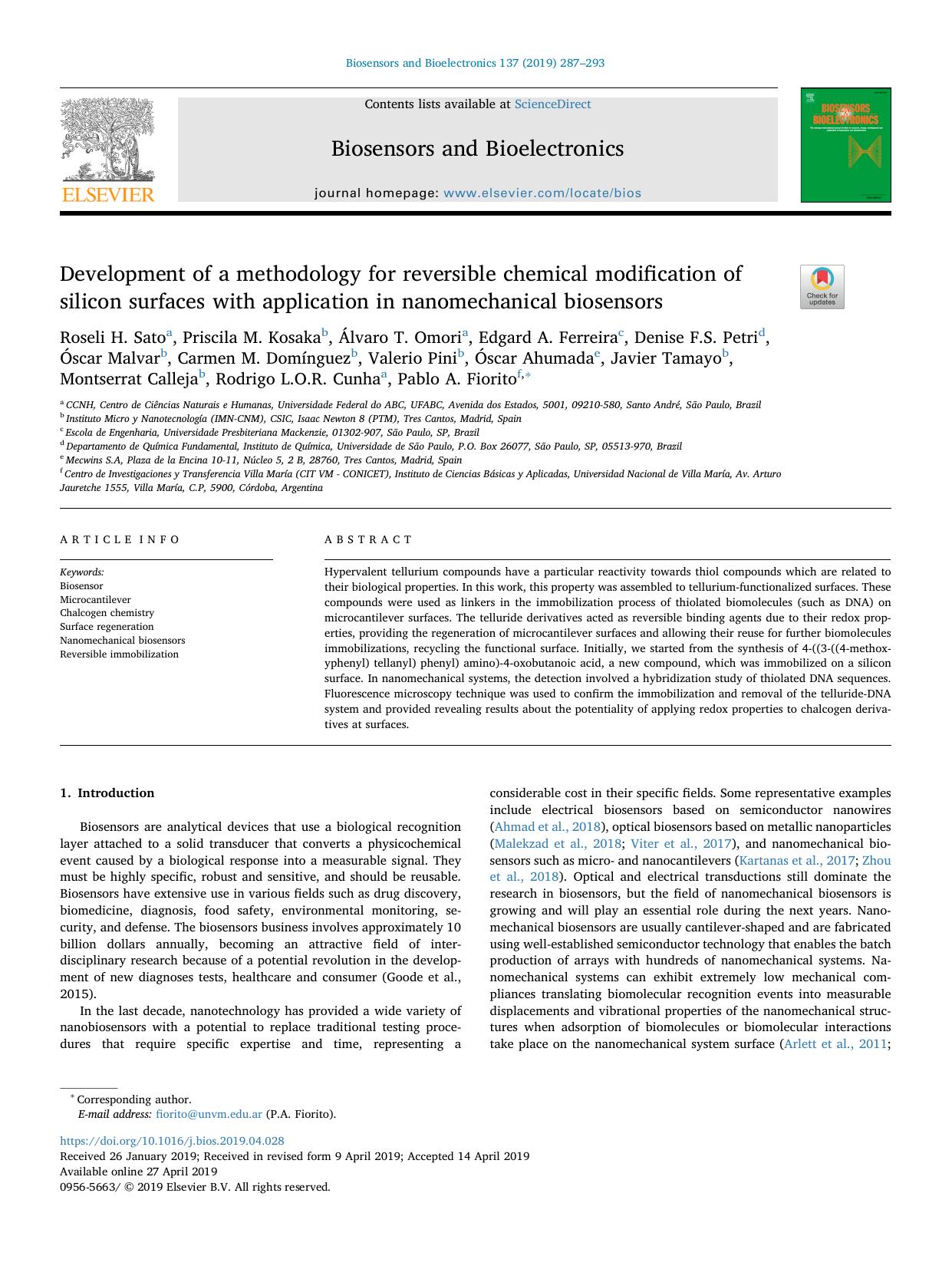 Development of a methodology for reversible chemical modification of silicon surfaces with application in nanomechanical biosensors by unknow