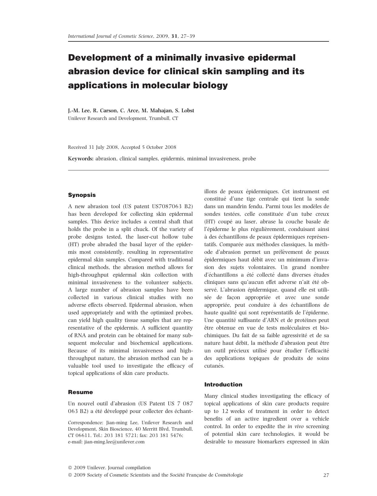 Development of a minimally invasive epidermal abrasion device for clinical skin sampling and its applications in molecular biology by Unknown