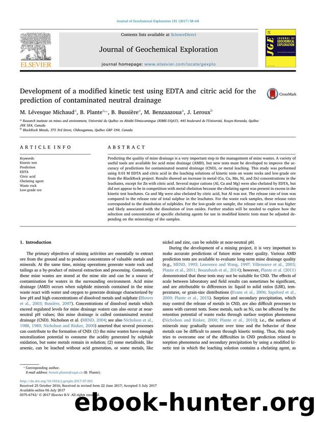 Development of a modified kinetic test using EDTA and citric acid for the prediction of contaminated neutral drainage by M. Lévesque Michaud & B. Plante & B. Bussière & M. Benzaazoua & J. Leroux