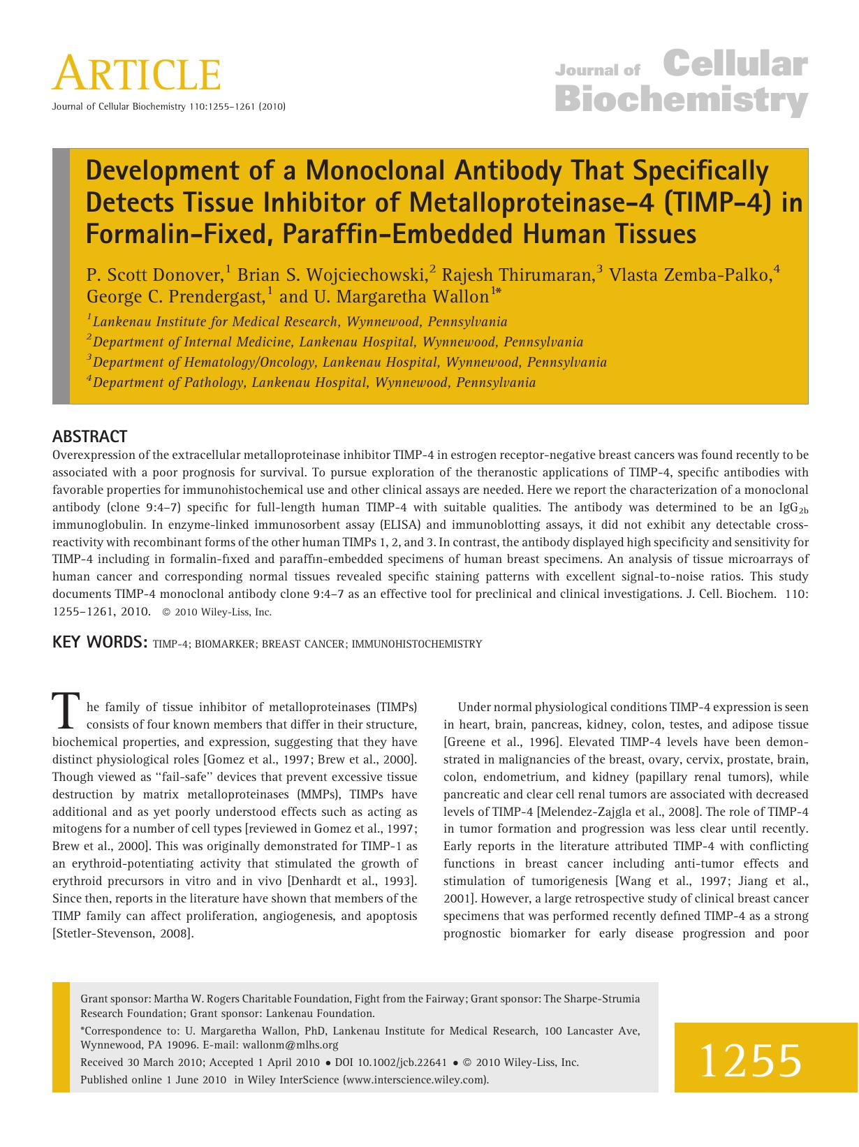 Development of a monoclonal antibody that specifically detects tissue inhibitor of metalloproteinase-4 (TIMP-4) in formalin-fixed, paraffin-embedded human tissues by Unknown