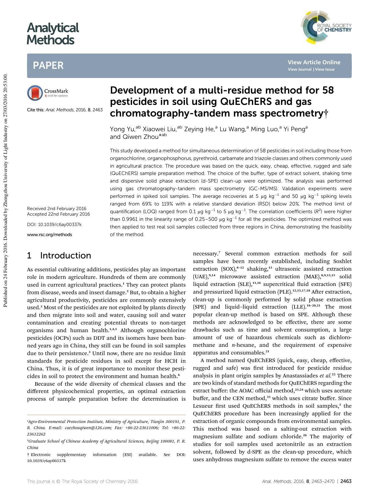 Development of a multi-residue method for 58 pesticides in soil using QuEChERS and gas chromatography-tandem mass spectrometry by Yong Yu & Xiaowei Liu & Zeying He & Lu Wang & Ming Luo & Yi Peng & Qiwen Zhou