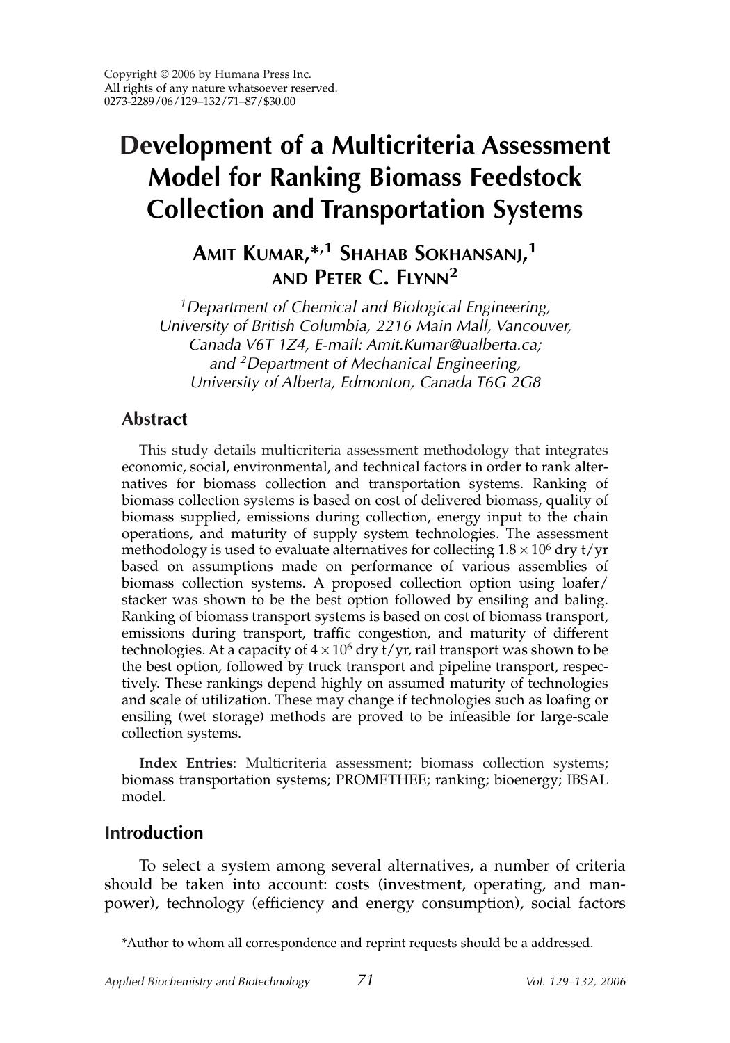 Development of a multicriteria assessment model for ranking biomass feedstock collection and transportation systems by Unknown