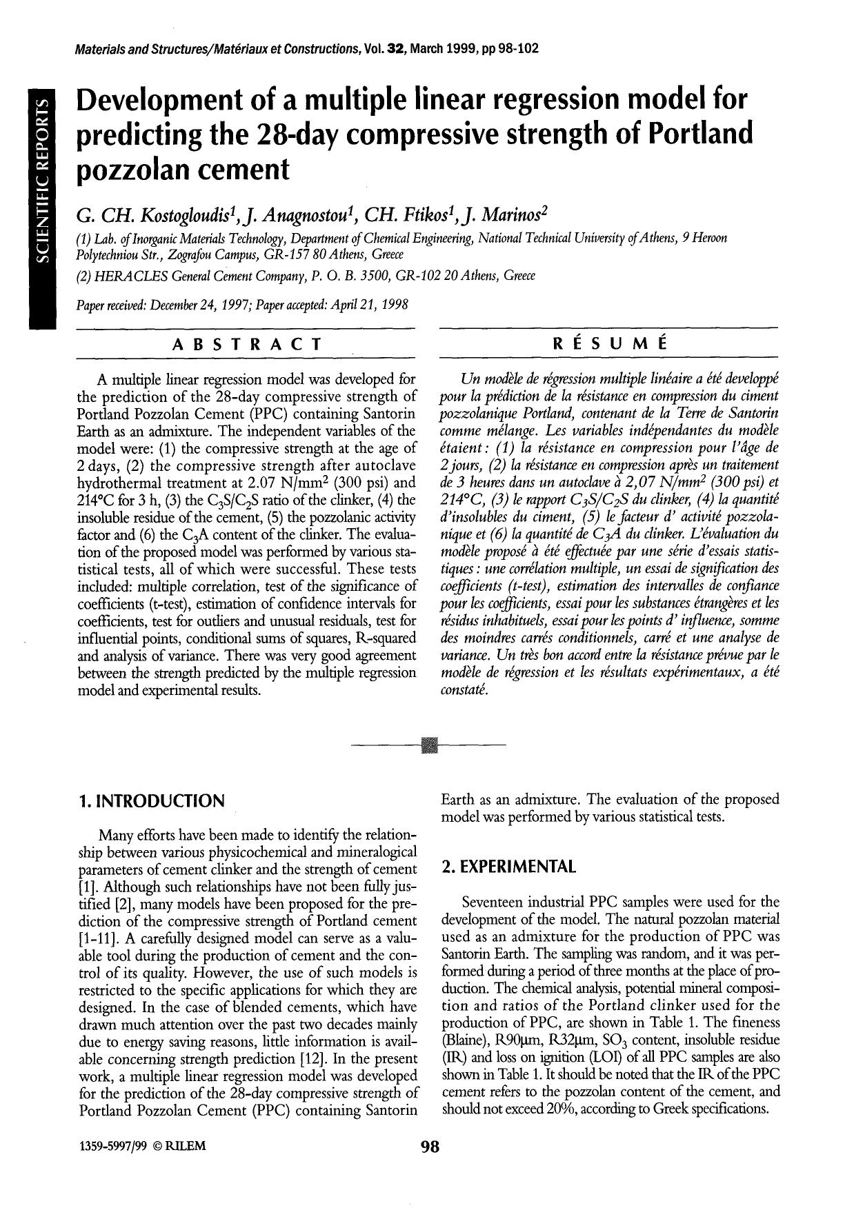 Development of a multiple linear regression model for predicting the 28-day compressive strength of Portland pozzolan cement by Unknown