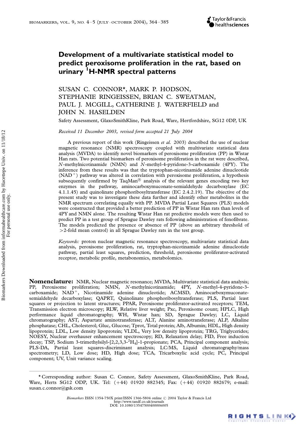 Development of a multivariate statistical model to predict peroxisome proliferation in the rat, based on urinary 1H-NMR spectral patterns by unknow