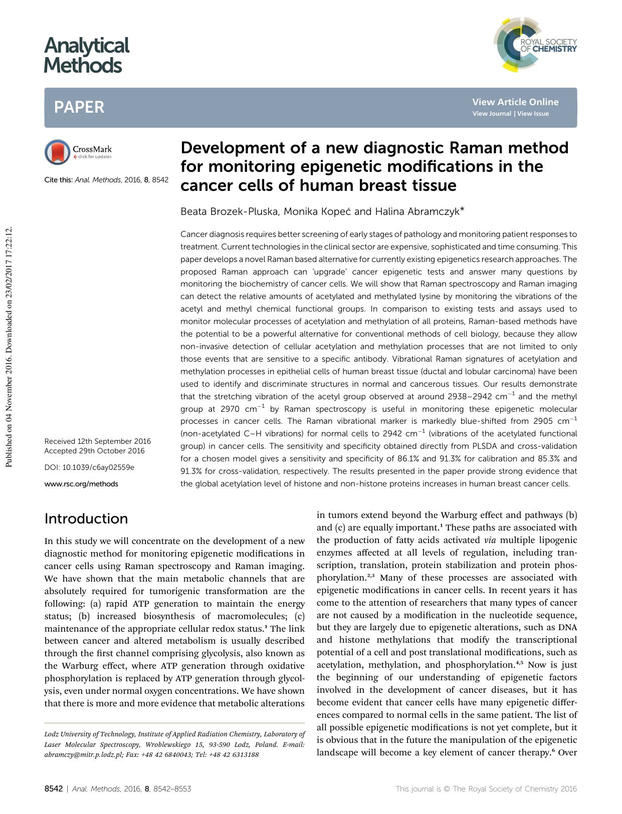 Development of a new diagnostic Raman method for monitoring epigenetic modifications in the cancer cells of human breast tissue by Beata Brozek-Pluska & Monika Kopeć & Halina Abramczyk
